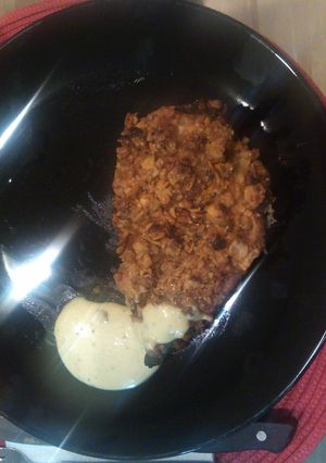 A picture of Frosted Flake Honey Chicken with tangy mustard sauce.