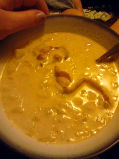 A picture of Leek and Potato soup with bacon.