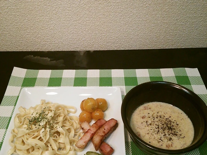 Easy Way Prepare Recipe Handmade Pasta With Carbonara Dipping Sauce that is Can Pamper Your Tongue, Delicious}