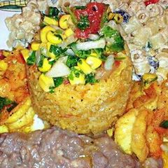 A picture of Grilled Shrimp & Rice with A Corn Pico De Gallo.