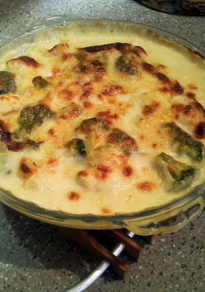 A picture of cauliflower and broccoli cheese bake.