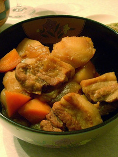 A picture of Nikujaga (Simmered meat and potatoes) with Thick Cut Pork Belly.