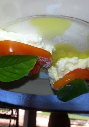 A picture of Ricotta, tomato, fresh basil and extra virgem olive oil.