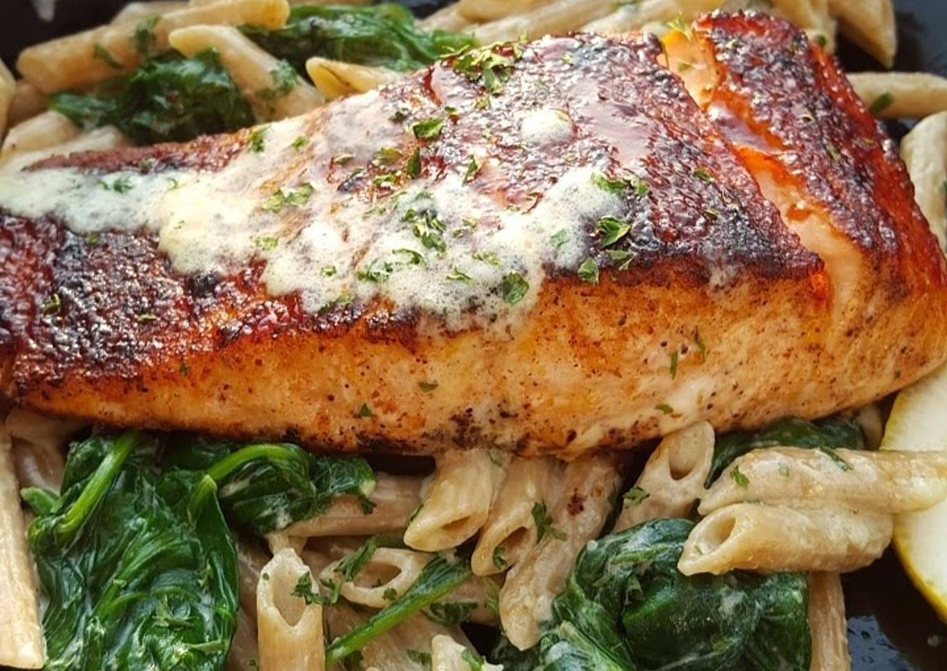 Bbq jerk salmon over pasta