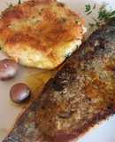 Trucha con tortitas de camarón y vegetales