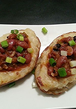 A picture of Twice Baked Veggie Chilli Stuffed Potatoes.