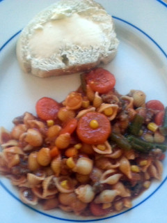 A picture of taisen's sausage and veggie soup.