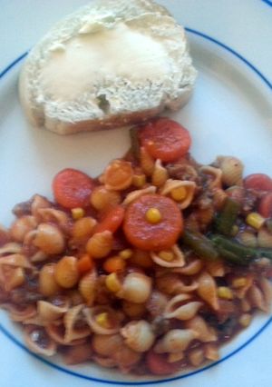 A picture of taisen's sausage and veggie soup.
