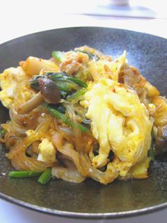 A picture of Pork, Egg, Spinach, Glass Noodles & Kimchi Stir-fry.