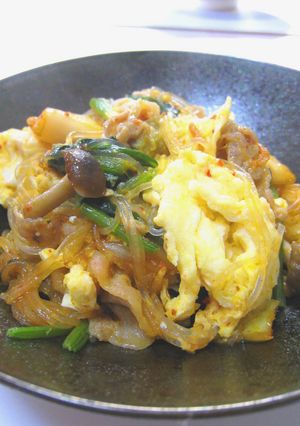 A picture of Pork, Egg, Spinach, Glass Noodles & Kimchi Stir-fry.