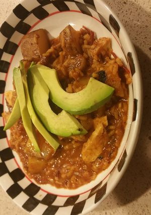 A picture of Chipotle Chicken with Rice and Potatoes.