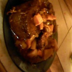A picture of tangy roast beef with leek, turnip, and sweet potatoes.