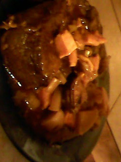 A picture of tangy roast beef with leek, turnip, and sweet potatoes.