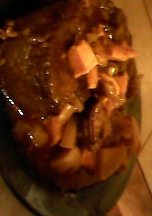 A picture of tangy roast beef with leek, turnip, and sweet potatoes.