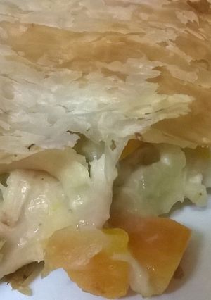 A picture of Cheesy chicken veggie pie.