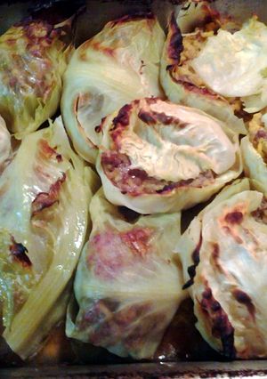 A picture of cabbage surprise in the oven.