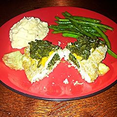 A picture of DJ one's mozzarella spinach stuffed chicken breast.