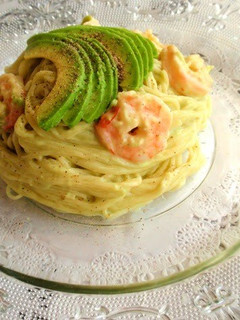 A picture of Chilled Pasta with Shrimp and Avocado.