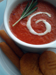 A picture of Vickys Bloody Mary Halloween Soup, GF DF EF SF NF.