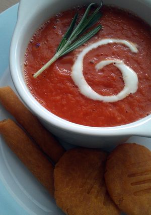 A picture of Vickys Bloody Mary Halloween Soup, GF DF EF SF NF.