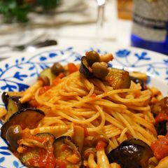 A picture of Pasta with Eggplant and Tomato Sauce.