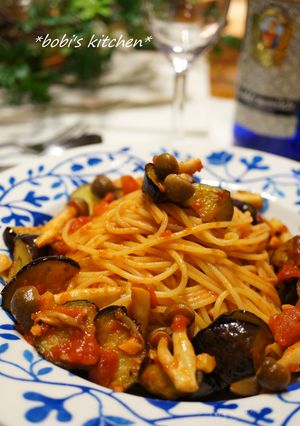 A picture of Pasta with Eggplant and Tomato Sauce.