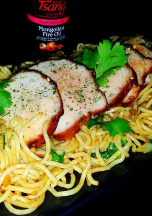 A picture of Mike's Garlic Pork & Mongolian Fire Noodles.