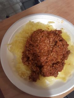 A picture of Spaghetti made with spaghetti squash.