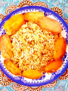 عکسی از دستور پلو سبزیجات+مرغ آبپز ریش شده