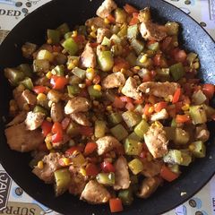 A picture of Chicken, zucchini and corn skillet.
