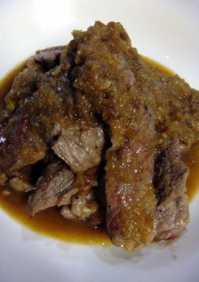 A picture of Soft Beef Steak with Wasabi Sauce.