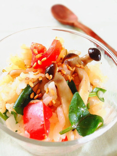 A picture of Rice Salad with Tomatoes, Shimeji Mushrooms, and Watercress.