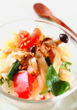 A picture of Rice Salad with Tomatoes, Shimeji Mushrooms, and Watercress.