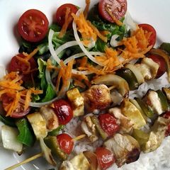 A picture of Chicken, Haloumi and Vegetable skewers.