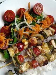A picture of Chicken, Haloumi and Vegetable skewers.