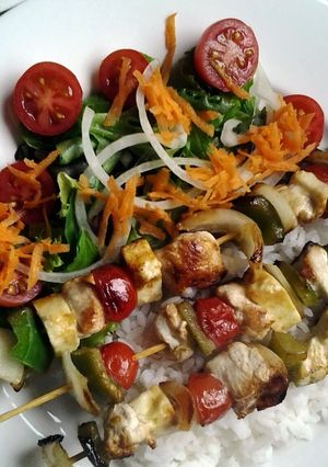 A picture of Chicken, Haloumi and Vegetable skewers.