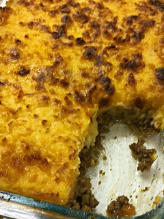 A picture of Cottage Pie with cheesy carrot potato mash.