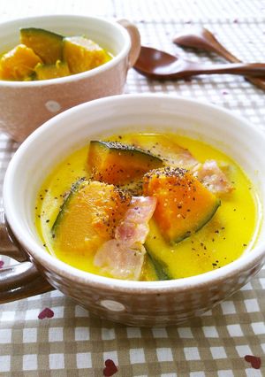 A picture of Kabocha Squash and Bacon in Buttery Milk Soup.