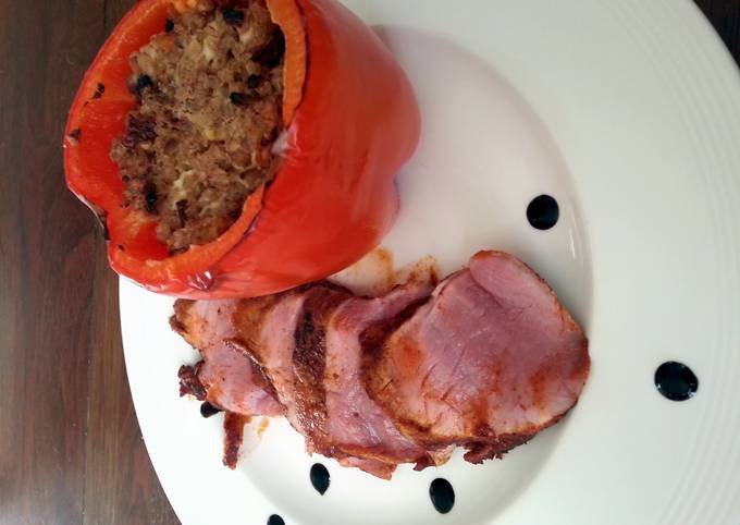 Recipe of Mario Batali Swine tenderloin with barleyrice stuffed paprika.