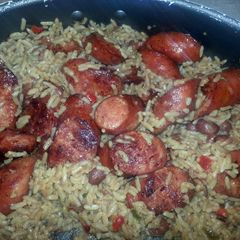 A picture of Red beans and rice with andouille sausage.