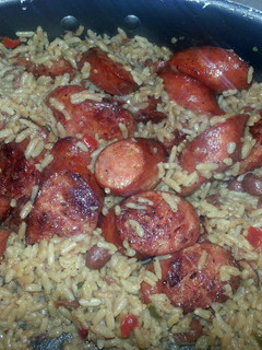 A picture of Red beans and rice with andouille sausage.