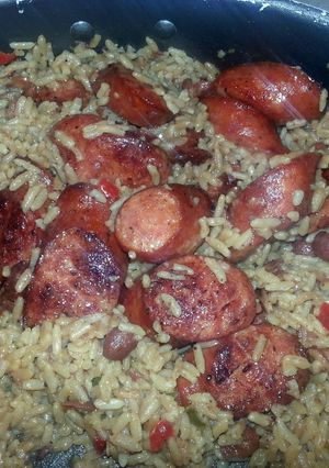 A picture of Red beans and rice with andouille sausage.