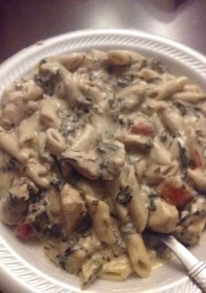 A picture of Spinach chicken alfredo.