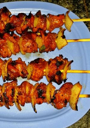 A picture of Asian chicken kabobs.