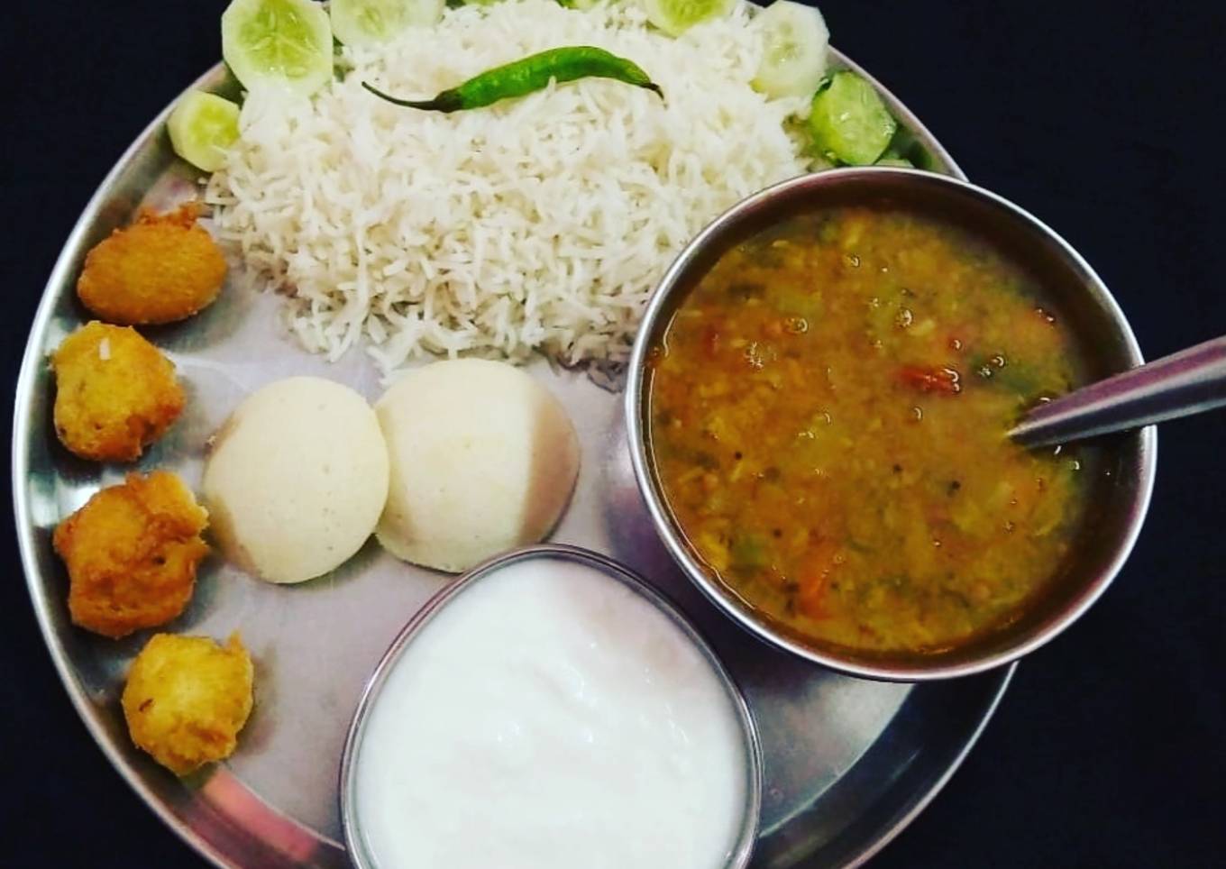 South Indian Platter Sambhar Rice Idli Vada