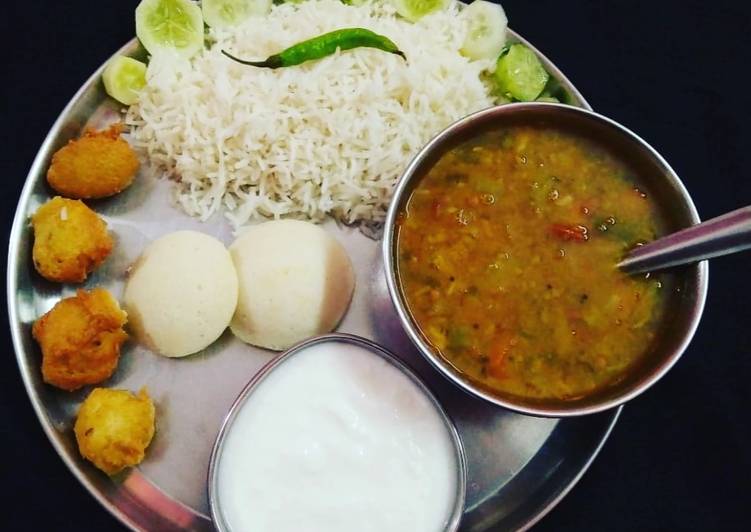 South Indian Platter Sambhar Rice Idli Vada