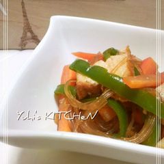 A picture of Hearty but Meat-free Japchae with Atsuage.