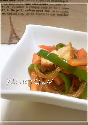 A picture of Hearty but Meat-free Japchae with Atsuage.
