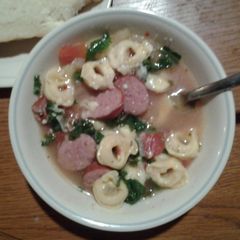 A picture of Tortellini kielbasa soup.