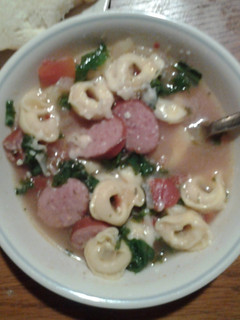 A picture of Tortellini kielbasa soup.